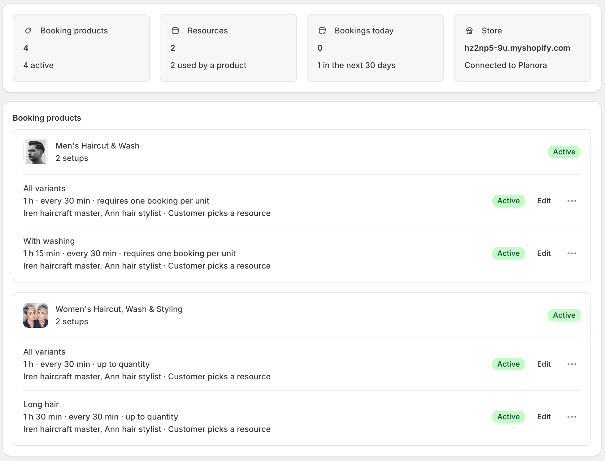 Planora Booking products list with variant-specific booking setups