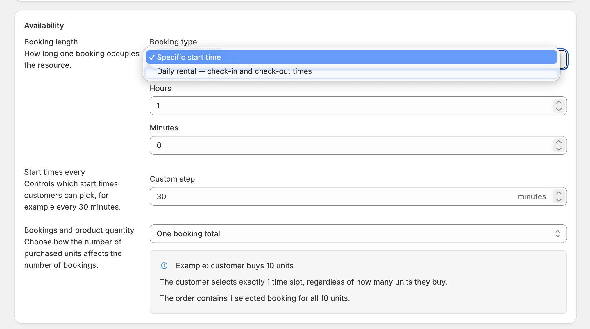 Planora settings for time-slot bookings and daily rentals